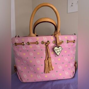 Dooney & Bourke, Light Pink with Mini Green Squares and Yellow Hearts handbag